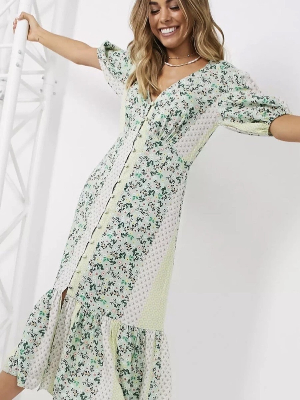 Miss Selfridge Green and Yellow Patchwork Floral Maxi Dress Size 6